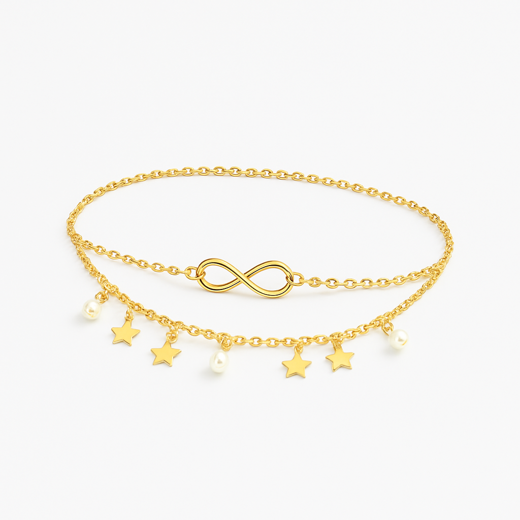 Gold infinity anklet with star and pearl charms, delicate chain, elegant jewelry accessory, perfect for fashion-forward style and gift ideas.