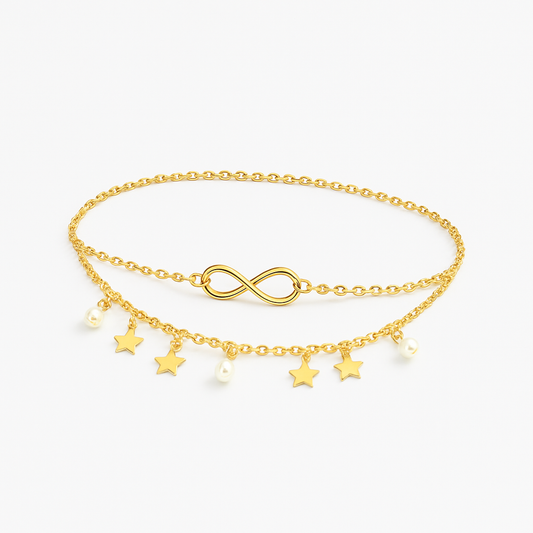 Layered Infinity Anklet with Pearl and Star Charm Details