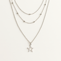 Layered silver necklaces with star pendants on a white background