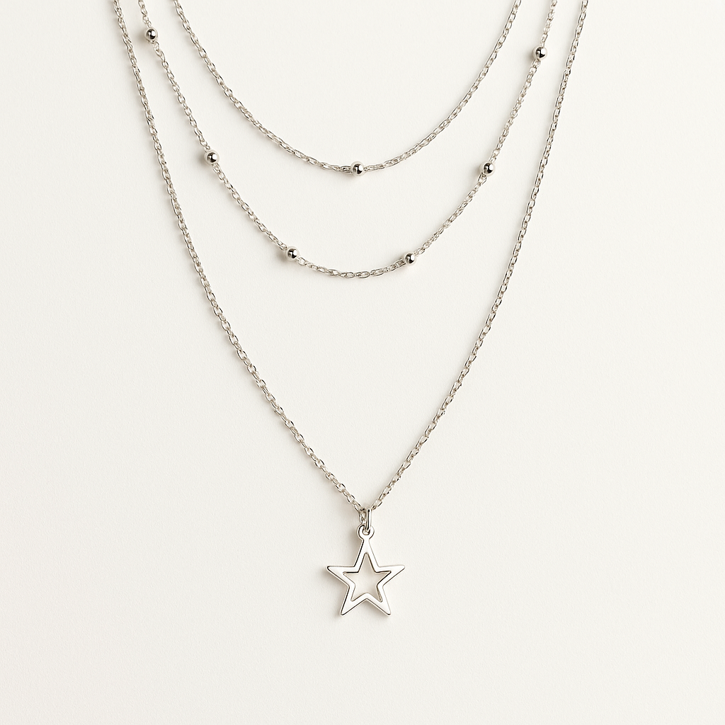 Layered silver necklaces with star pendants on a white background