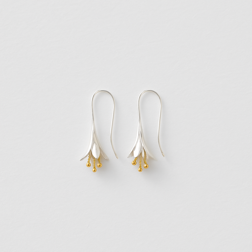 Elegant silver drop earrings with floral design and gold accents, minimalist jewelry, perfect for fashion accessories, women's style.