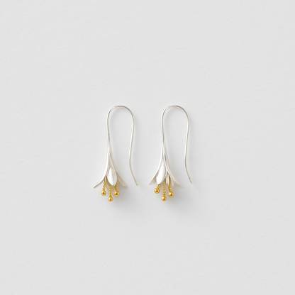 Elegant silver drop earrings with floral design and gold accents, minimalist jewelry, perfect for fashion accessories, women's style.