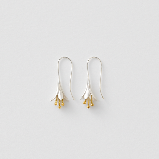 Elegant silver drop earrings with floral design and gold accents, minimalist jewelry, perfect for fashion accessories, women's style.