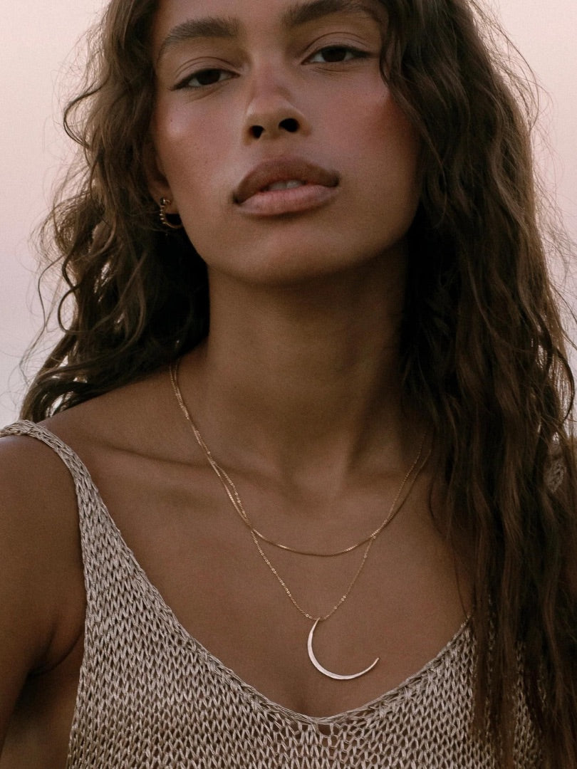 Gold Plated Crescent Moon Necklace – Hammered Celestial Pendant Design