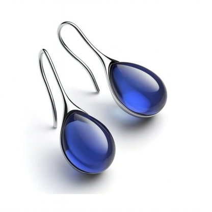 Elegant blue teardrop earrings with silver hooks, featuring glossy gemstone design. Perfect for fashion accessories, jewelry trends, stylish gifts.