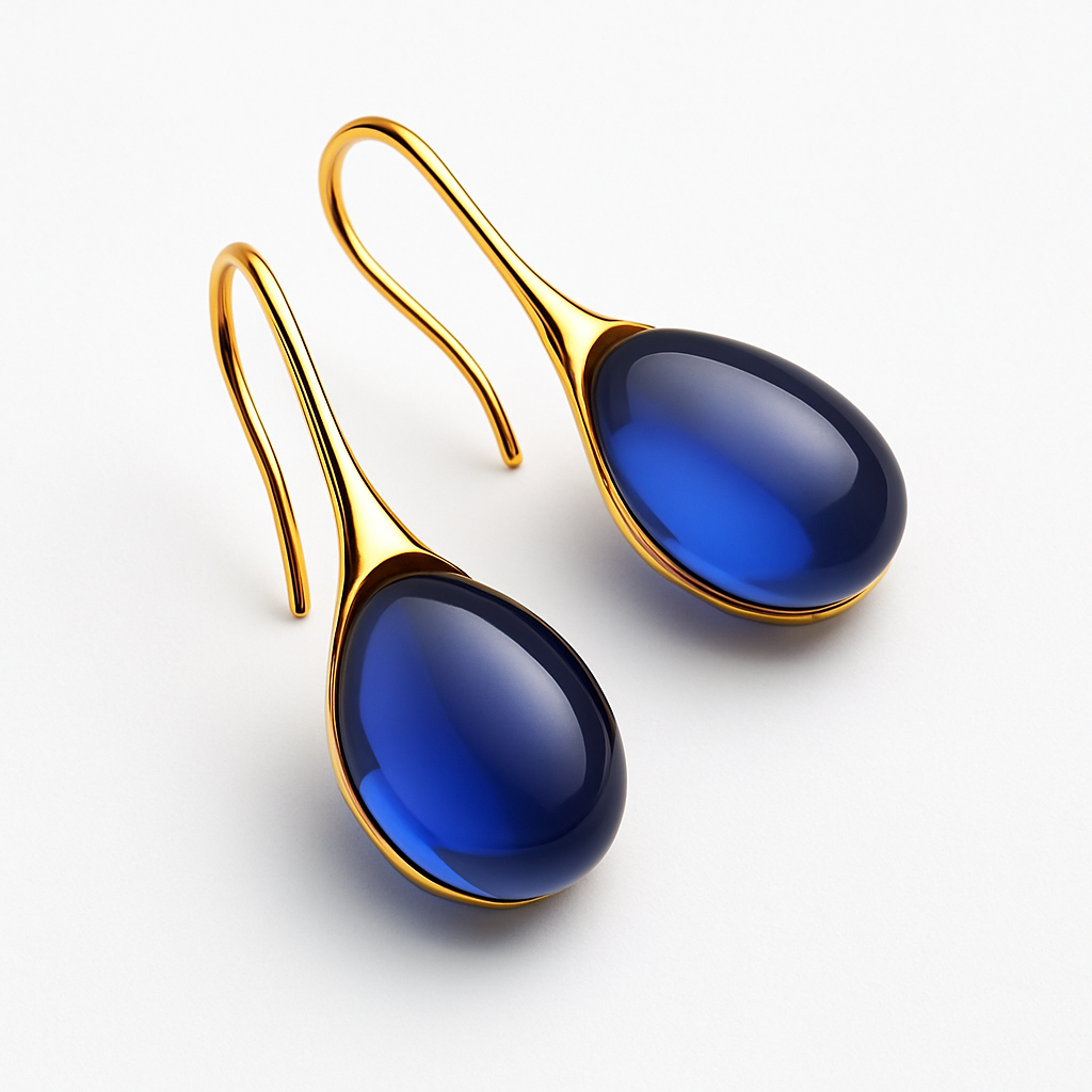 Elegant gold drop earrings with deep blue gemstone, luxury jewelry design, fashion accessories, stylish statement piece, perfect for evening wear.