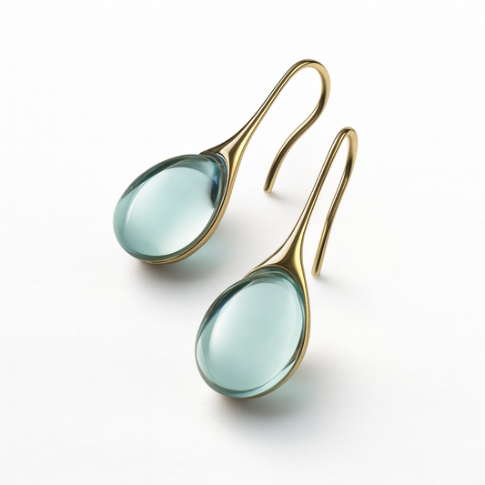 Elegant gold drop earrings with translucent blue gemstones, minimalist design, luxury jewelry, fashion accessories, perfect for formal occasions.