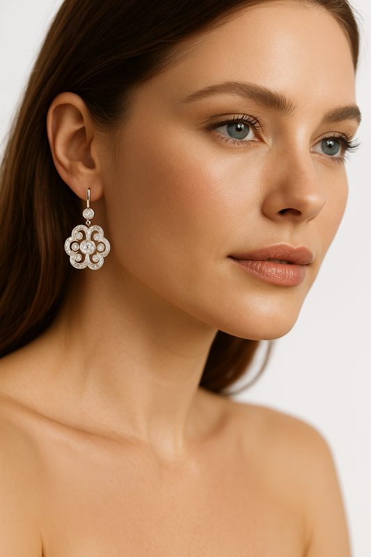 Woman wearing elegant diamond flower earrings, close-up. Jewelry fashion, luxury accessories, sparkling gemstones, sophisticated style.