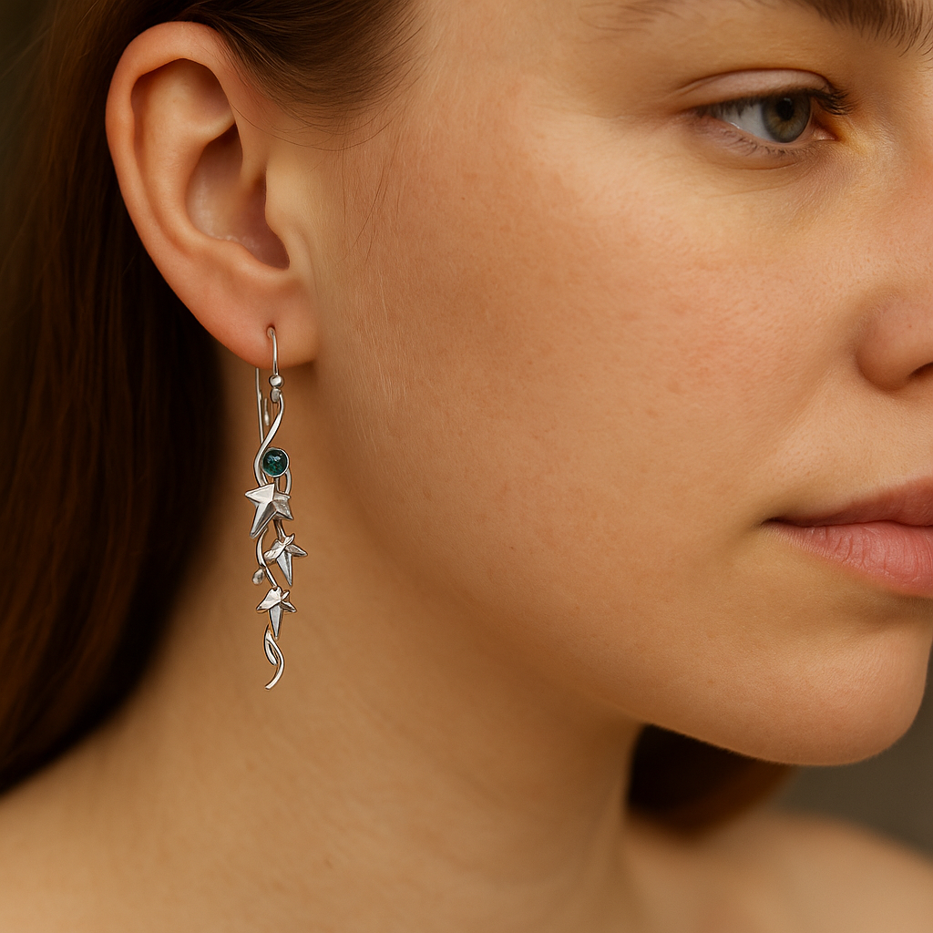 Close-up of a woman wearing a silver earring with a green gemstone.