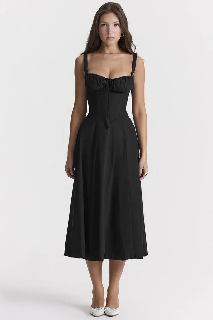 Floral Square Neck Bustier Sundress - Sleeveless Y2k Midi Dress with Slit and Corset Back