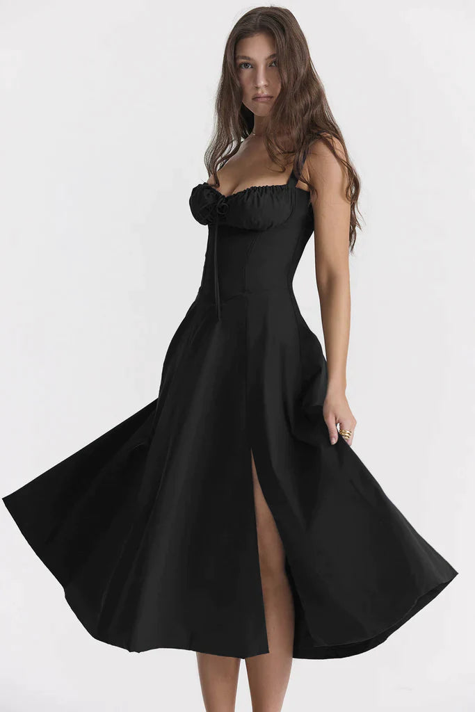 Floral Square Neck Bustier Sundress - Sleeveless Y2k Midi Dress with Slit and Corset Back