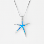 Silver starfish pendant necklace with blue opal inlay on a box chain, elegant ocean-inspired jewelry, perfect for beach-themed fashion.