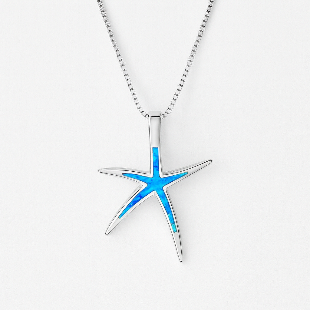 Silver starfish pendant necklace with blue opal inlay on a box chain, elegant ocean-inspired jewelry, perfect for beach-themed fashion.