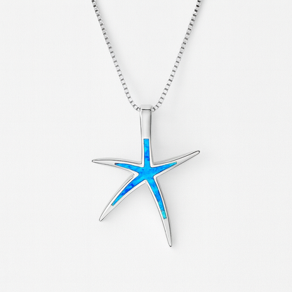 Silver starfish pendant necklace with blue opal inlay on a box chain, elegant ocean-inspired jewelry, perfect for beach-themed fashion.