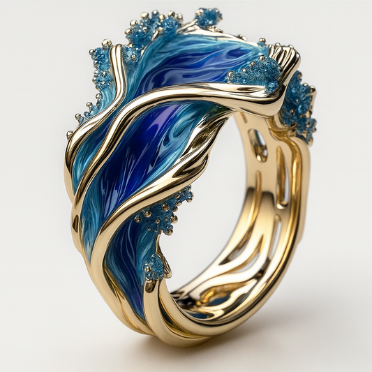 Elegant gold ring with intricate blue enamel waves and sparkling blue gemstones, showcasing luxury jewelry design and craftsmanship.