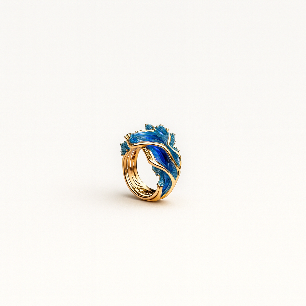 Elegant gold ring with vibrant blue enamel wave design and sparkling gemstones, luxury jewelry, unique artistic craftsmanship, fashion accessory.