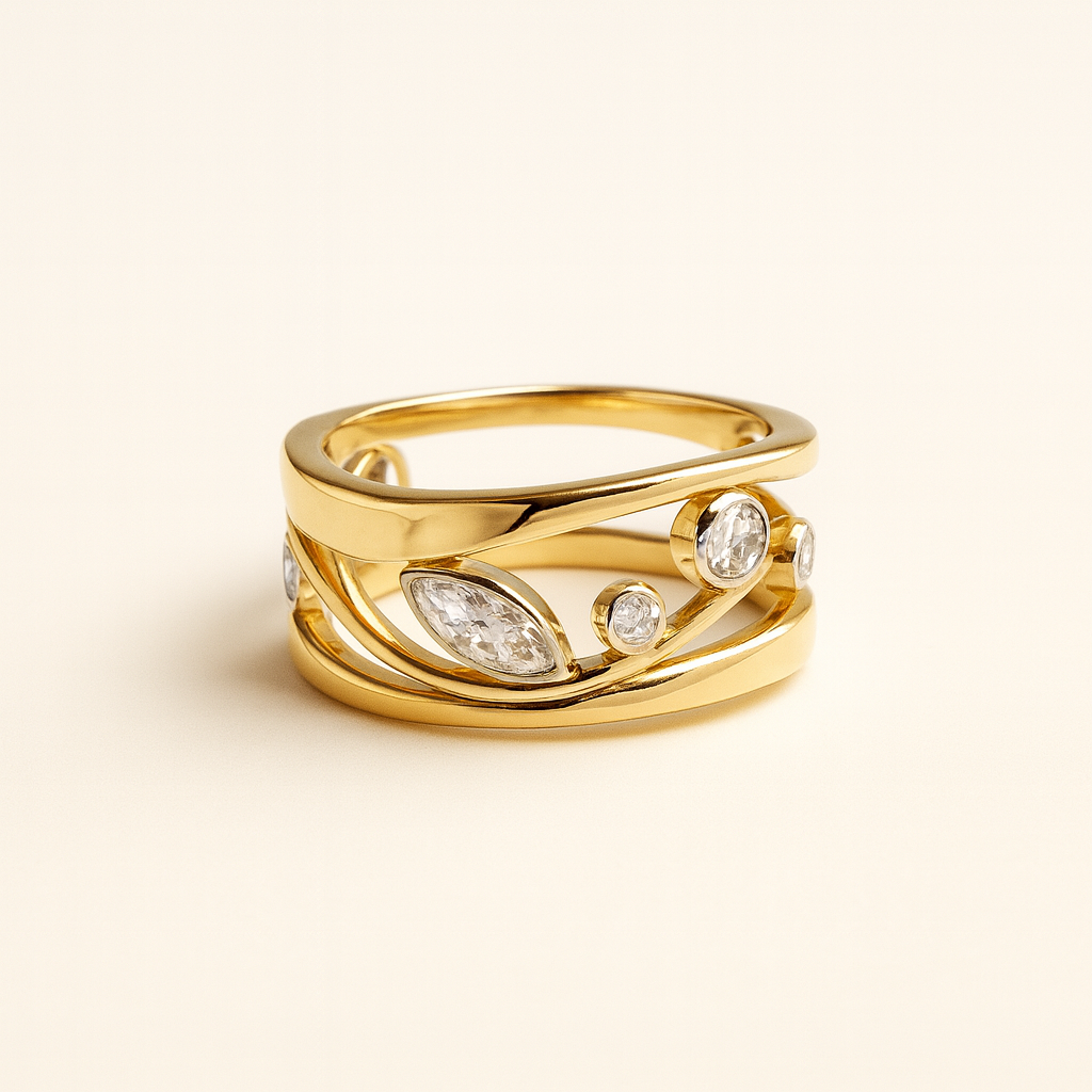 Gold ring with diamond accents on a light beige background