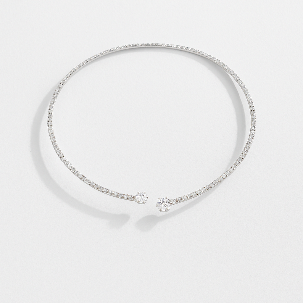 Elegant diamond choker necklace with two large round diamonds, minimalist design, luxury jewelry, white gold setting, perfect for formal occasions.