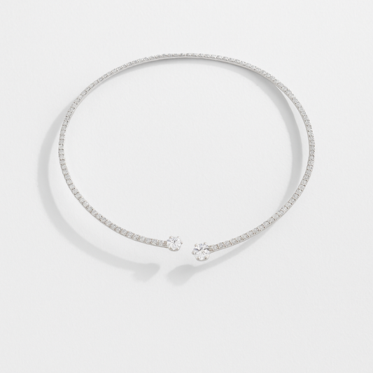 Elegant diamond choker necklace with two large round diamonds, minimalist design, luxury jewelry, white gold setting, perfect for formal occasions.