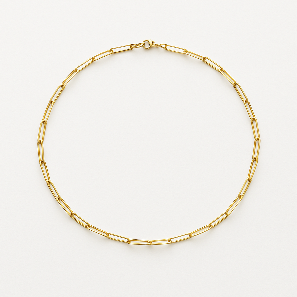 Gold paperclip chain necklace on white background, minimalist jewelry, elegant fashion accessory, women's trendy gold necklace, modern design.