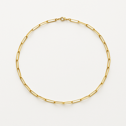 Gold paperclip chain necklace on white background, minimalist jewelry, elegant fashion accessory, women's trendy gold necklace, modern design.