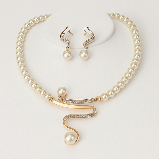 Pearl necklace and earrings set on a light gray background