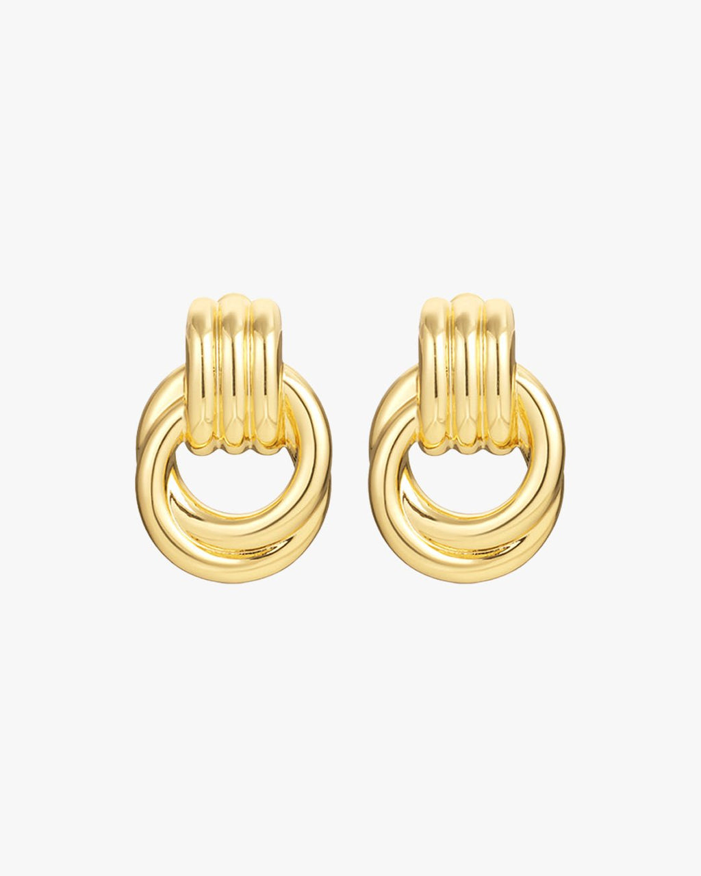 Gold hoop earrings with interlocking circular design, featuring a polished finish. Elegant jewelry accessory for women, perfect for fashion and style.