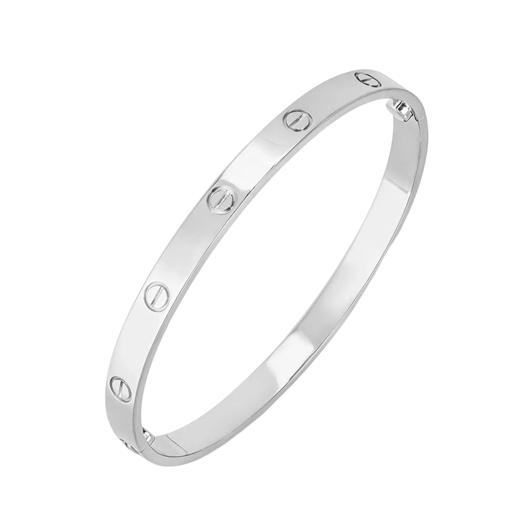 Silver Cartier Love Bracelet with screw motif, luxury jewelry, iconic unisex design, high-end fashion accessory, elegant wristwear.