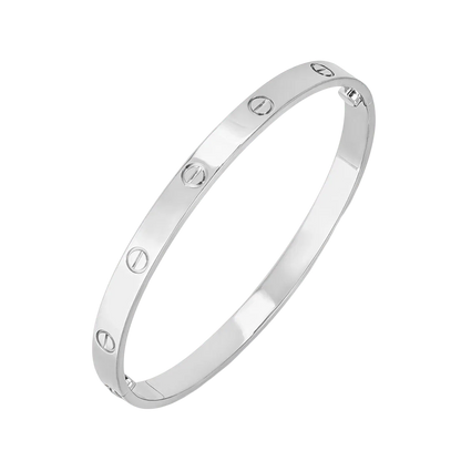 Silver Cartier Love Bracelet with screw motif, luxury jewelry, iconic unisex design, high-end fashion accessory, elegant wristwear.