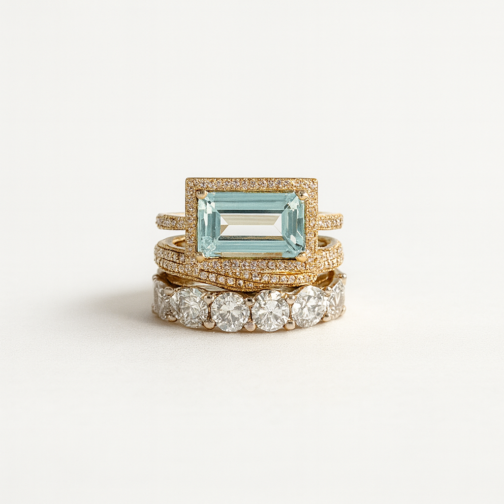 Set of three gold rings with gemstones on a light gray background
