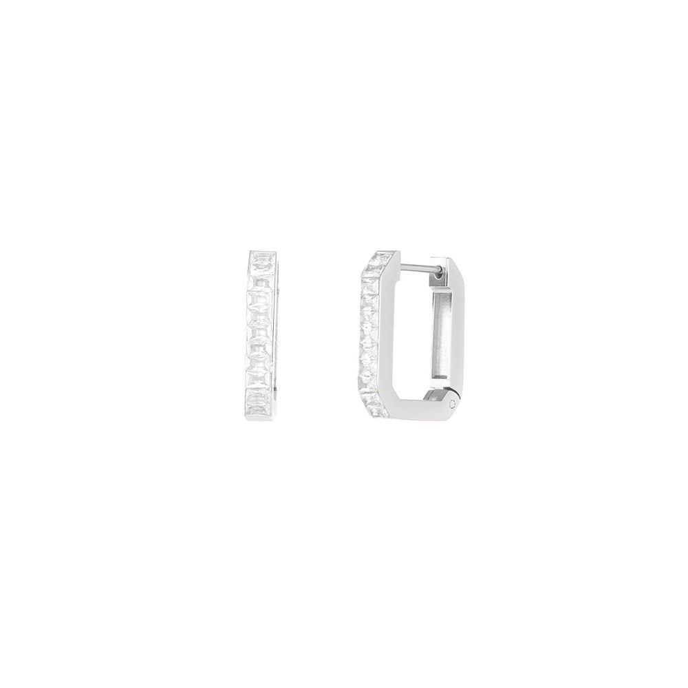 Silver hoop earrings with clear stones on a white background