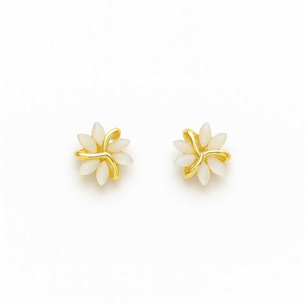 Gold and white floral stud earrings, featuring petal-shaped design, elegant jewelry accessory, perfect for weddings and formal occasions.