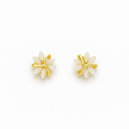 Gold and white floral stud earrings, featuring petal-shaped design, elegant jewelry accessory, perfect for weddings and formal occasions.