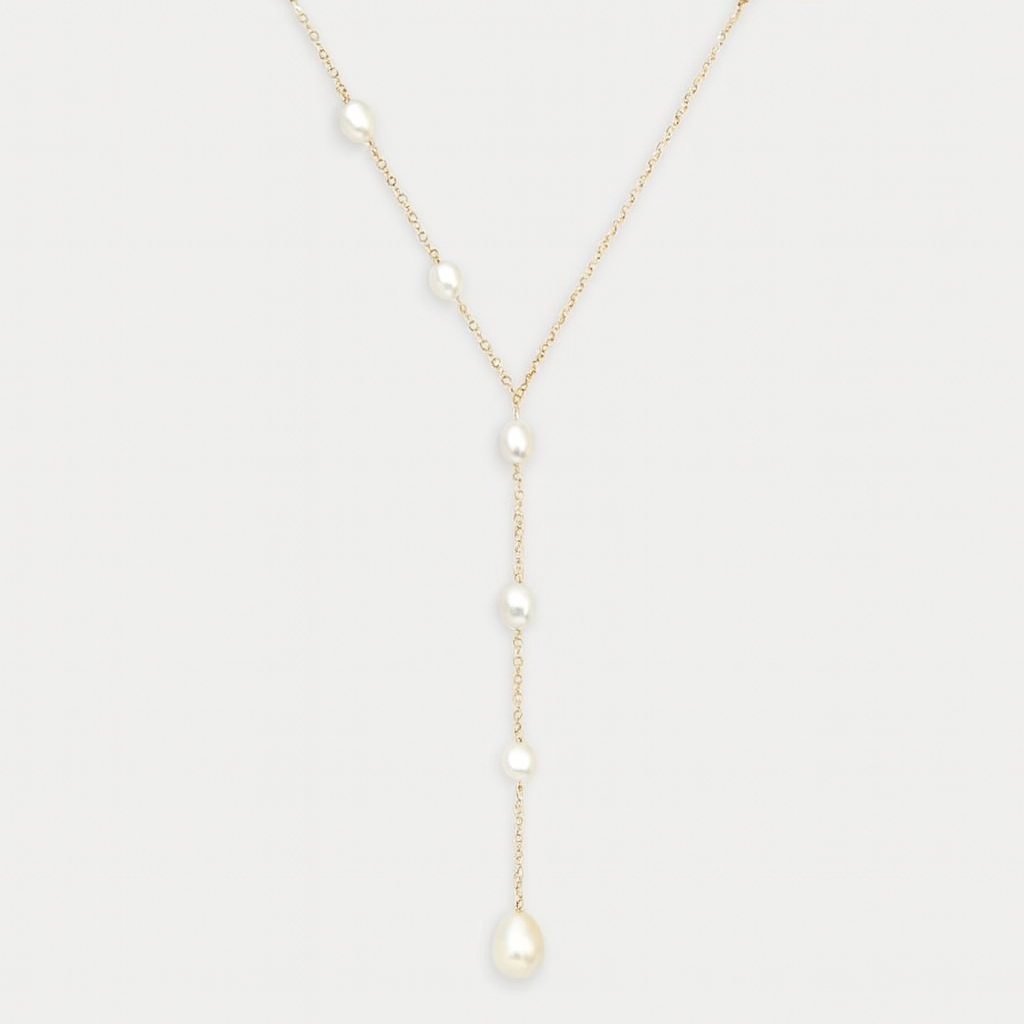 Elegant gold chain necklace with freshwater pearls, featuring a Y-shaped design. Perfect for bridal jewelry, weddings, or special occasions.