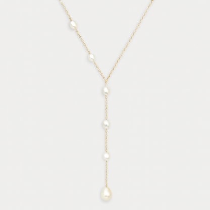 Elegant gold chain necklace with freshwater pearls, featuring a Y-shaped design. Perfect for bridal jewelry, weddings, or special occasions.