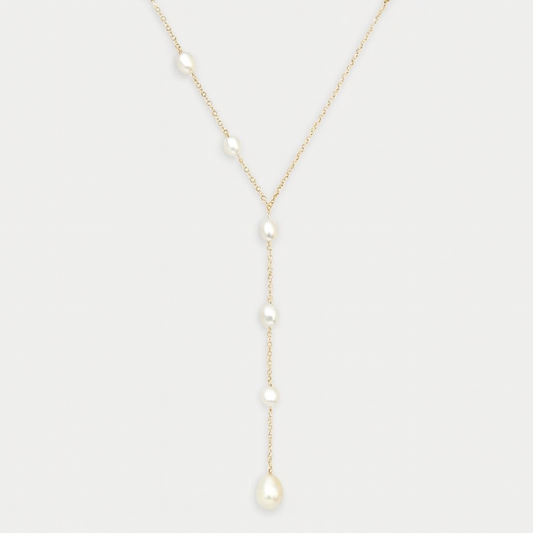 Elegant gold chain necklace with freshwater pearls, featuring a Y-shaped design. Perfect for bridal jewelry, weddings, or special occasions.