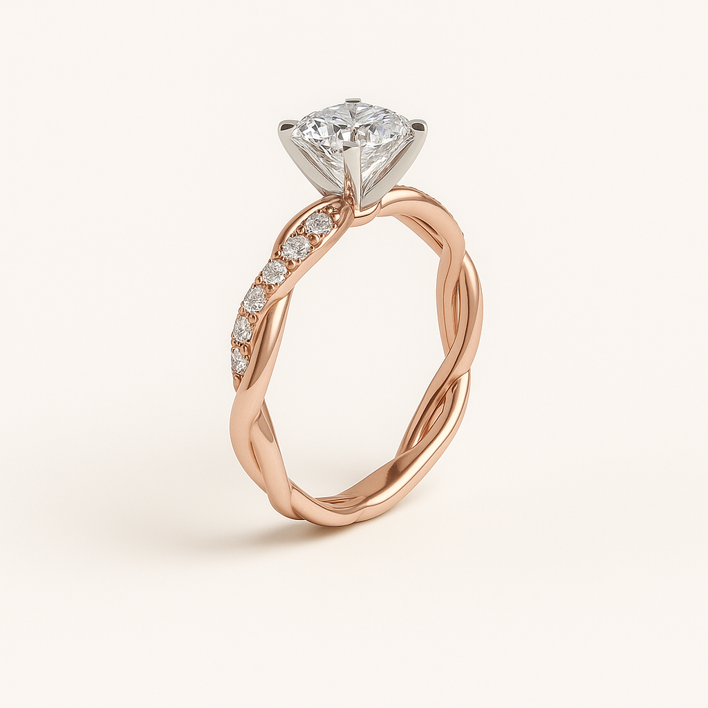 Rose gold ring with a diamond on a light beige background