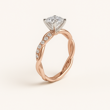 Rose gold ring with a diamond on a light beige background