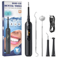 Set of dental tools including an electric tooth cleaner with LED screen, packaging, and various dental instruments on a white background.