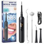 Set of dental tools including an electric tooth cleaner with LED screen, packaging, and various dental instruments on a white background.