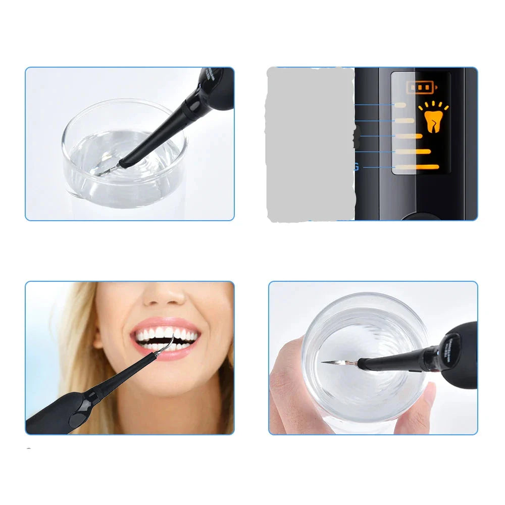 Collage of images showing dental tools and a person with a smile.