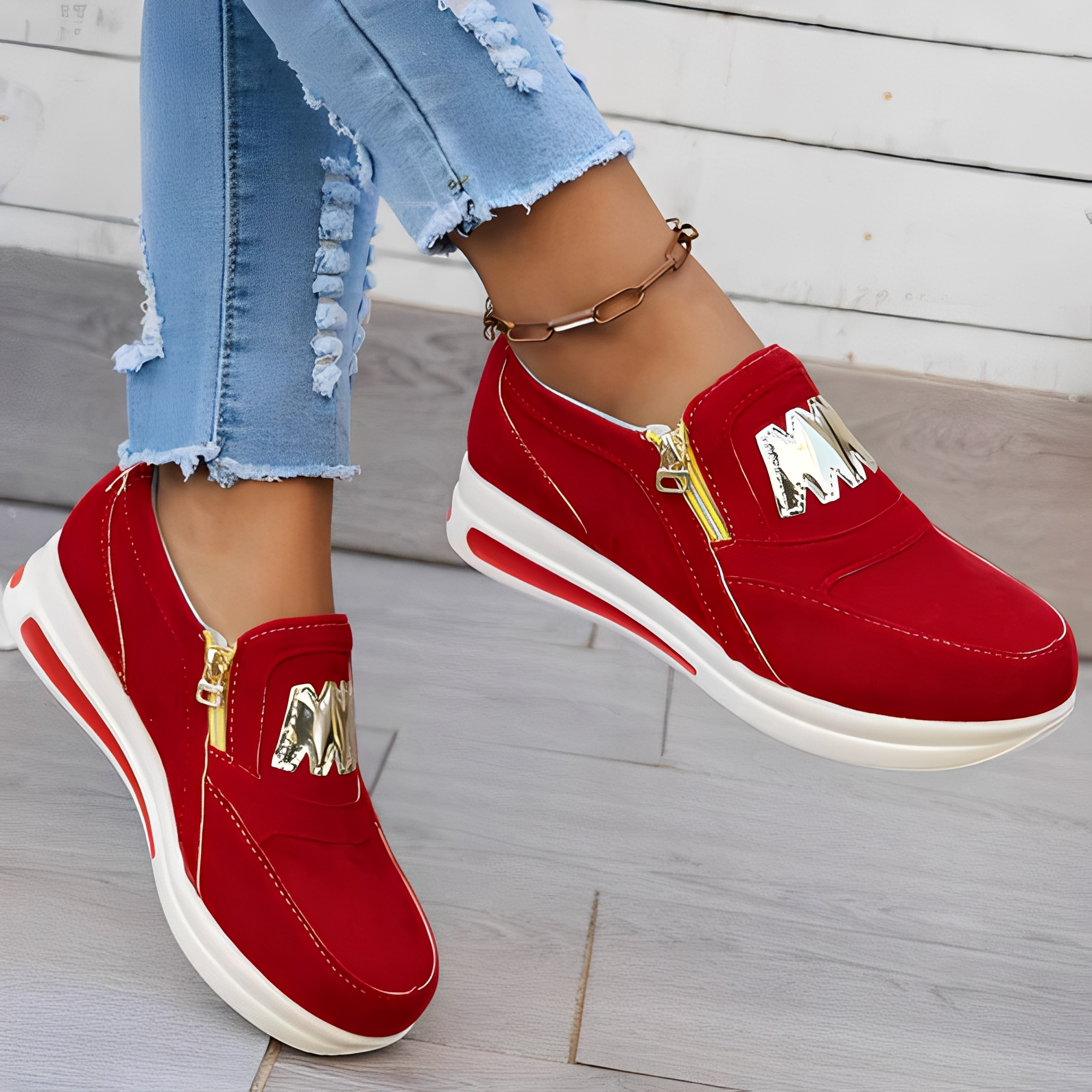 Sneakers for Women with Zipper and Gold Accent Design
