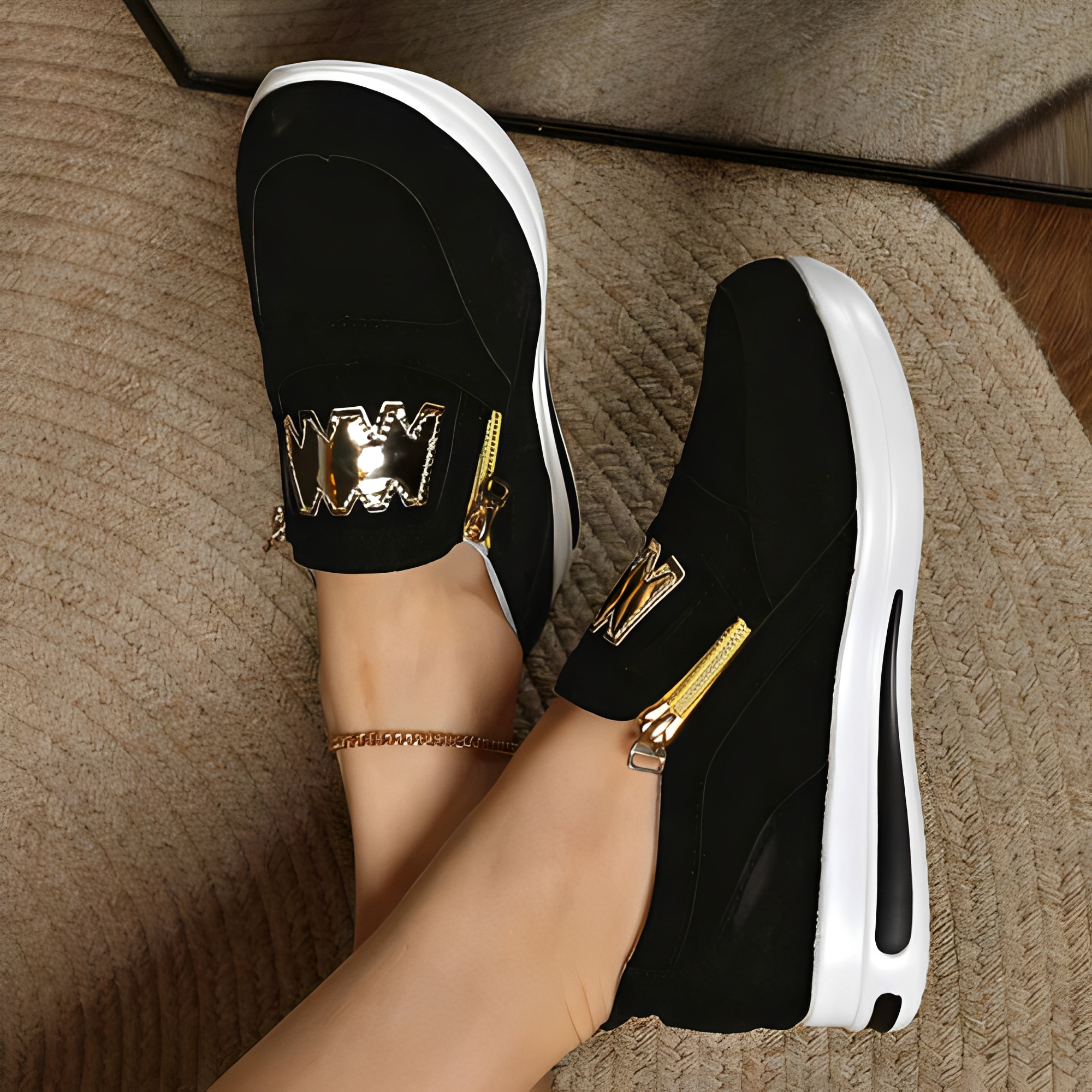 Sneakers for Women with Zipper and Gold Accent Design