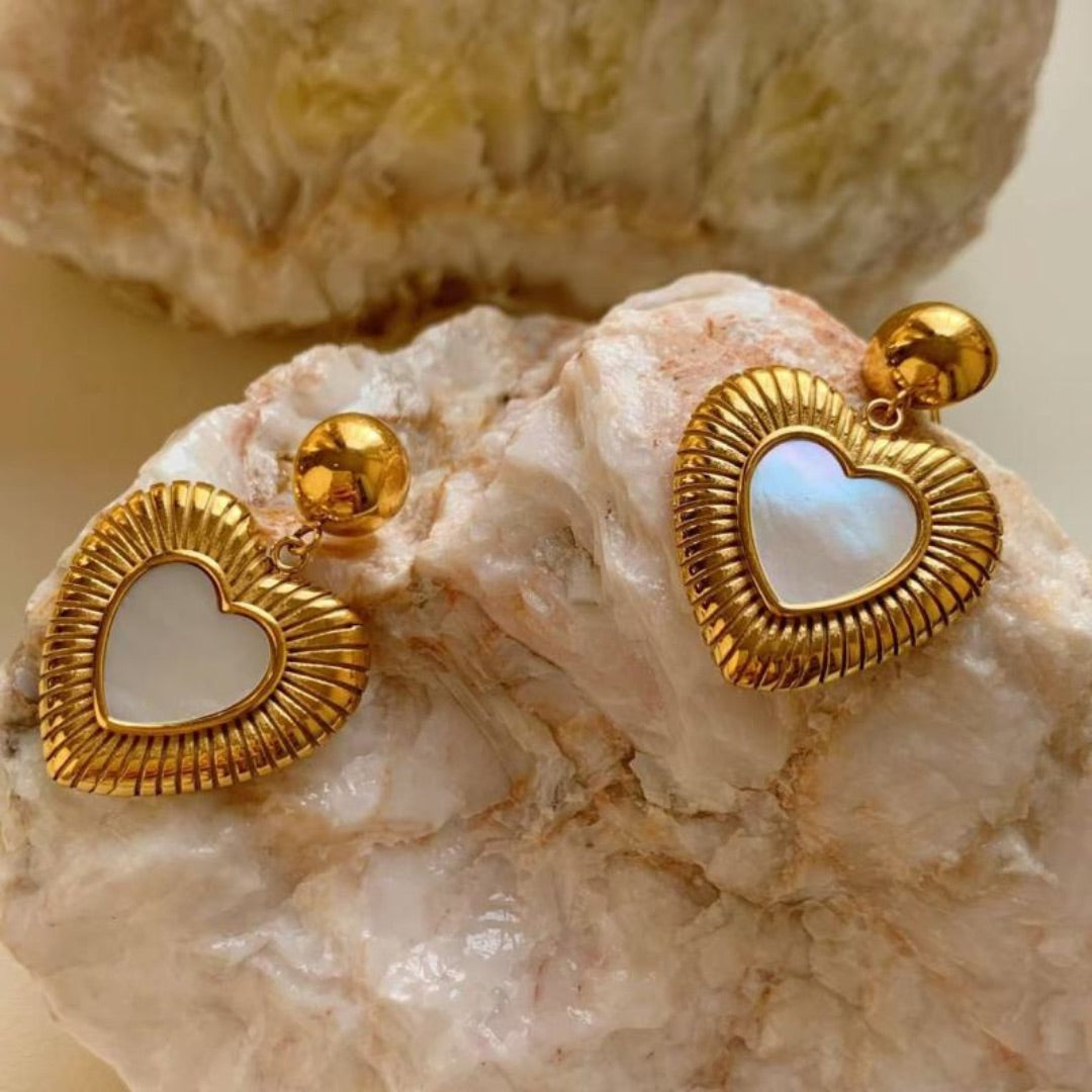 Gold Plated Heart Drop Shell Earrings – Textured Statement Earrings for Women