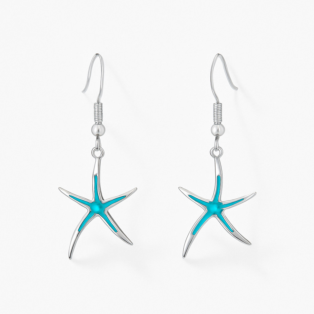 Silver starfish earrings with turquoise enamel accents, featuring hook closures. Perfect for beach-themed fashion and ocean-inspired jewelry lovers.
