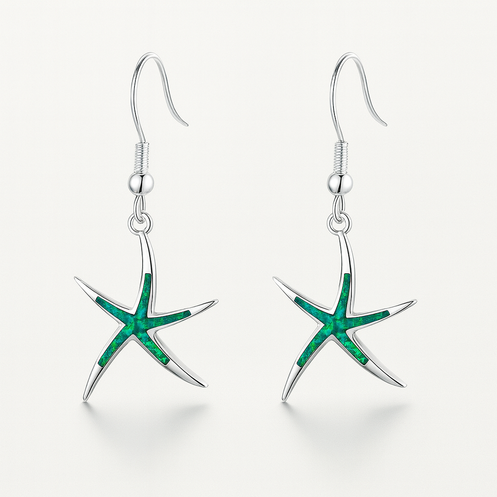 Silver starfish earrings with green opal inlay, elegant ocean-inspired jewelry, perfect for beach-themed fashion, unique accessory for women.