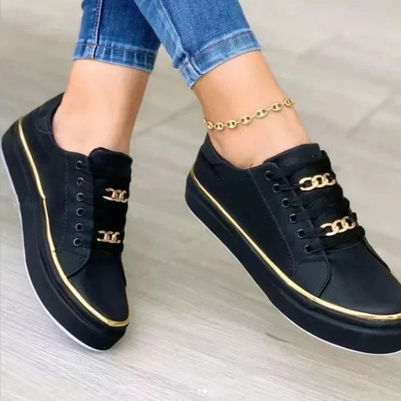 Women's Comfortable Sneaker with Gold Outline and Chains