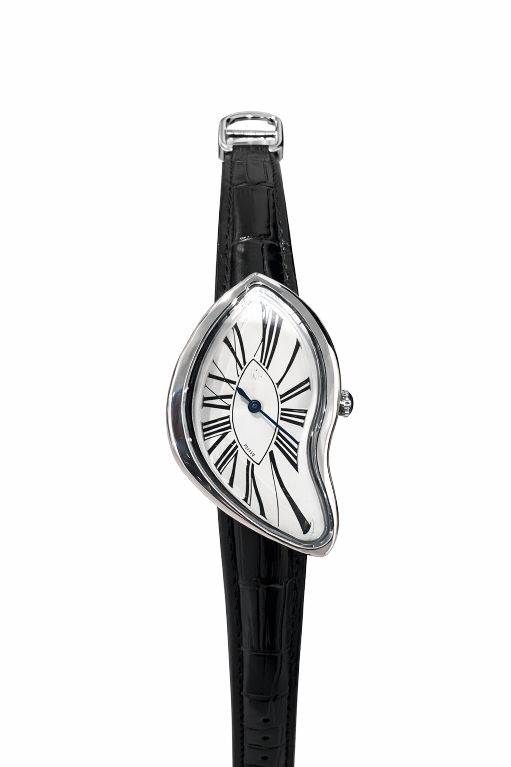 Wristwatch with a unique black strap and silver case on a white background