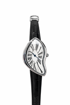 Wristwatch with a unique black strap and silver case on a white background