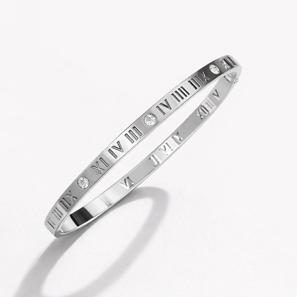 Silver Polished bangle with Roman numerals and Diamonds